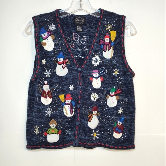 Designers Studio Originals women's navy blue snow men's Christmas vest size (P/P - Picture 2 of 8